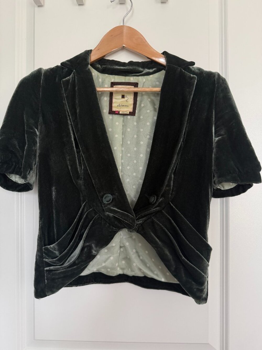 Vinatge Anthropologie Green Velvet Short Sleeve Blazer Jacket Sz 2